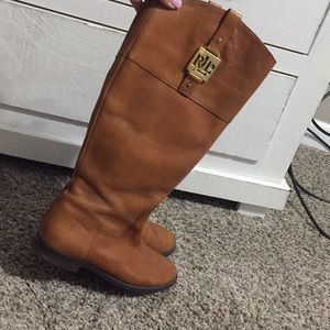 Camel knee high leather boots